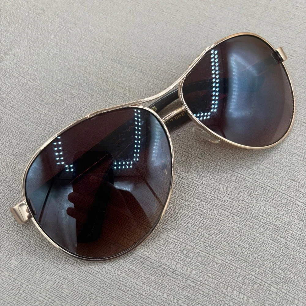 Tahari Rose Gold Aviator Sunglasses Woven Temple Detail Brown Gradient TH527